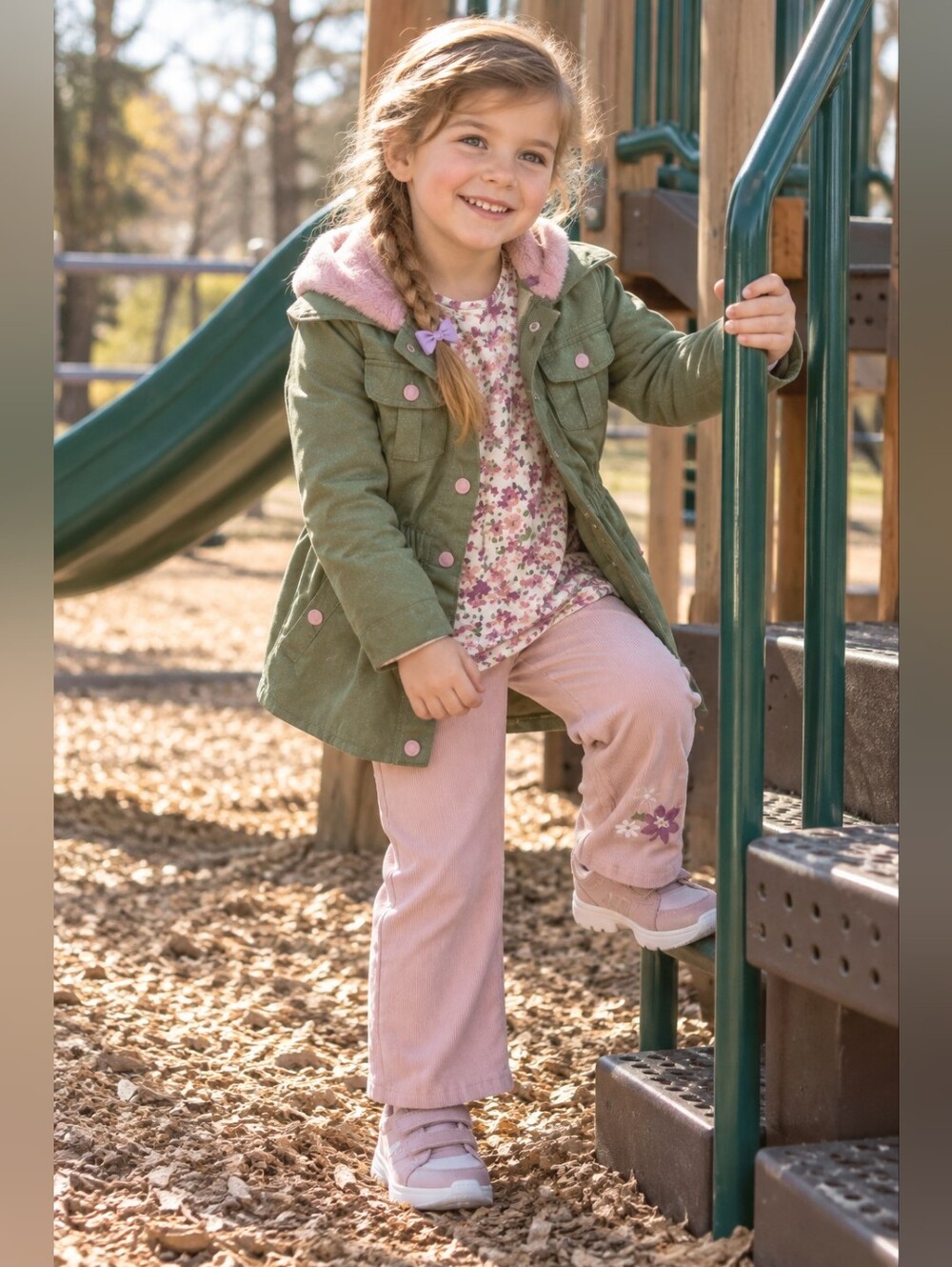 Girls' Sparkily Green Hooded Jacket with Pink Trim, 3 Piece Outfit